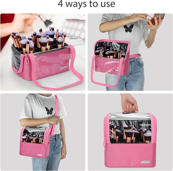 TANTO Makeup Brush Case Stand-up Makeup Cup Makeup Brush Holder Travel Professional Cosmetic Bag Artist Storage Bag Large Makeup Bag with Adjustable Divide (Rose Pink, 1-Large)