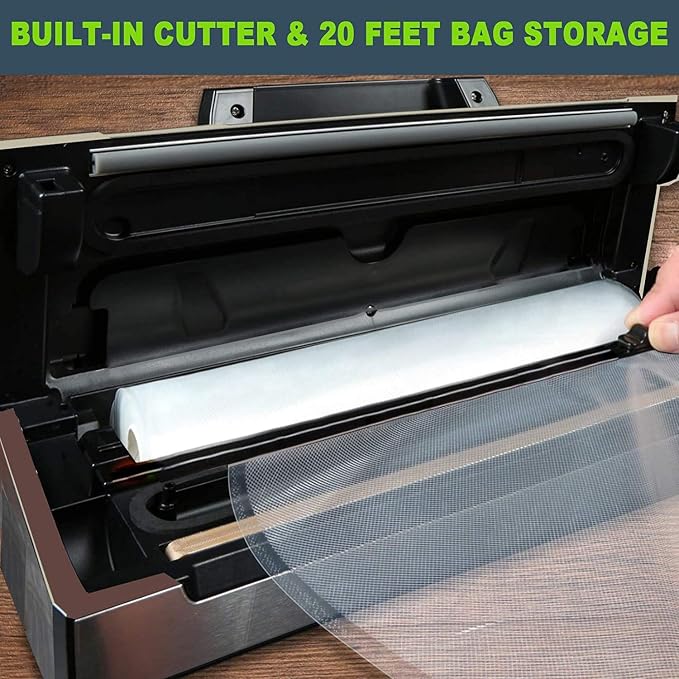 Potane Precision Vacuum Machine,Pro Food Sealer with Built-in Cutter and Bag Storage(Up to 20 Feet Length), Both Auto Manual Options,2 Modes,Includes 2 Bag Rolls 11”x16’ and 8”x16’,Compact Design