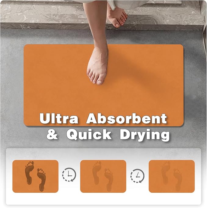 TYUU Bathroom Mat Quick Dry, Bathroom Rugs Non Slip Washable Thin Absorbent Bath Mat Fits Under Door Bathroom Floor Mat Perfect for Bath, Shower, or Sink 16"x24" Orange
