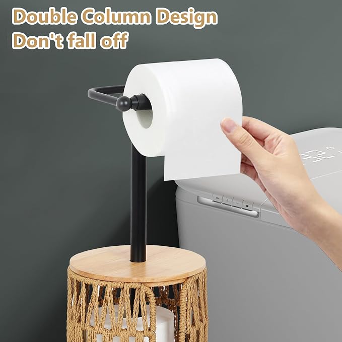 Trongee Freestanding Toilet Paper Holder with Storage,3 Rolls of Boho Toilet Paper Holder Stand with Lid,Gold Toilet Tissue Holder Stand Rattan Paper Storage Wicker Toilet Roll Holder Basket
