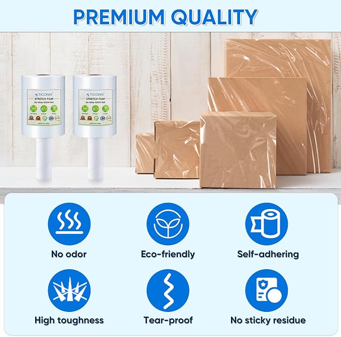 TICONN 2Pk Stretch Wrap Stretch Film Roll, 1000ft Industrial Strength 5 inch Wide Clear Plastic Wrap with Handles for Pallet Wrapping Shipping Moving