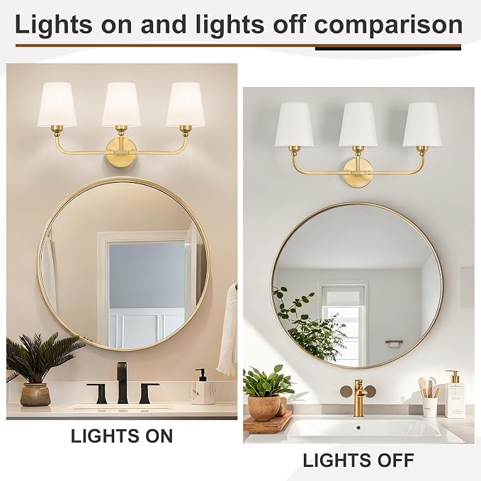 Bathroom Vanity Light, Brushed Gold Bathroom Light Fixtures, 3-Light Lighting Fixtures Over Mirror, Modern Wall Sconce with Flared White Fabric Shade, E26 Socket(ETL Listed)