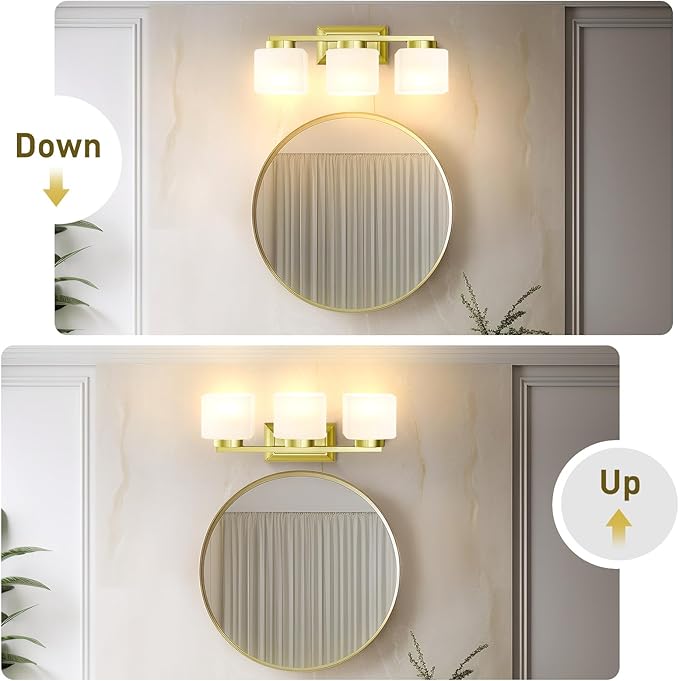 EJIAXIN 3-Light Bathroom Light Fixtures - Gold Bathroom Vanity Lights with Glass Shade Modern Bathroom Lighting Fixtures Over Mirror - Wall Sconce Lamps for Bedroom,Living Room,Hallway