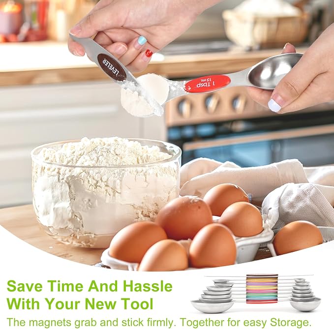 Magnetic Measuring Cups and Spoons Set | 16-Piece Stainless Steel Metal Baking Essentials (8 Cups +7 Spoons + 1 Leveler) with Space-Saving Design | Cookware Gift Idea
