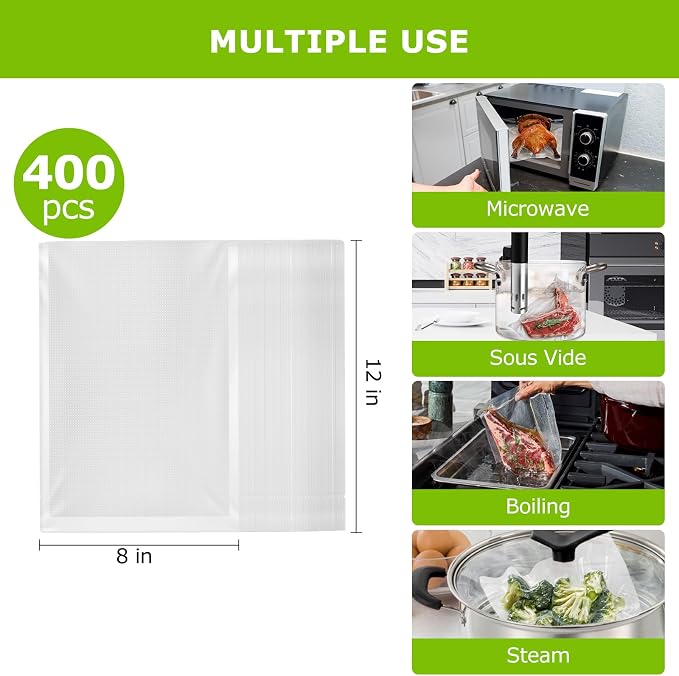 Bonsenkitchen Vacuum Sealer Bags, 8" x 12", 400 Quart Precut, VB14 | 400 Quart 8" x 12" Precut Food Sealer Bags, Customized Size Vacuum Bags for Vac Storage, Meal Prep or Sous Vide Cooking