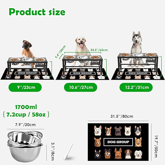 SHAINFUN Metal Elevated Dog Bowls Stand for Large Dogs with Mat & Three 58oz Food Water Bowls, Adjustable Height Raised Dog Bowl Stand