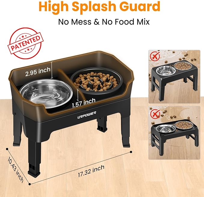 URPOWER Mess Proof Elevated Dog Bowls Double Deck Slow Feeder | No Spill Water Bowl, Slow Feeder Dog Bowls, Non-Slip Food and Water Bowl Set for Small, Medium & Large Dogs
