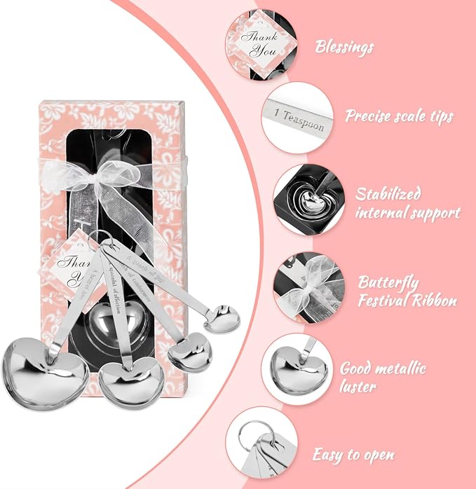 50 Packs Heart Shaped Measuring Spoons, Bulk Wedding Favors For Guests, Baby Shower Gifts For Guests Bridal Party or Wedding Favors With Individual Gift Boxes (PINK)