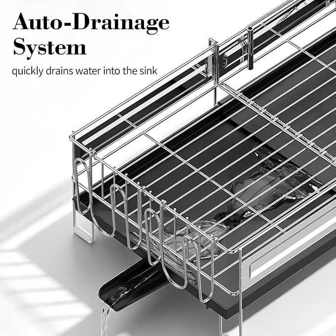 Delamu 2 Tier Dish Drying Rack, Large Dish Racks for Kitchen Counter, Stainless Steel Multifunctional Dish Drainer with Cutlery & Cup Holders, Extendable from 13.4 to 28.7 in, Black
