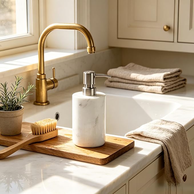 Marble Soap Dispenser Natural Organic Soap Pump with Metal Push Pump, Elegant Round Hand Lotion Jar, Premium Heavy Duty Pump Bottle, Lotion Jar for Kitchen, Bathroom, Laundry Room (White)