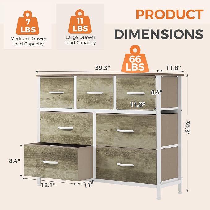 Sweetcrispy 7 Drawer Dresser with Fabric Bins, Fabric Storage Tower Organizer for Bedroom, Closet, Hallway, Entryway, Tall Chest of Drawers with Steel Frame, Wood Top, Large Storage, Greige Oak