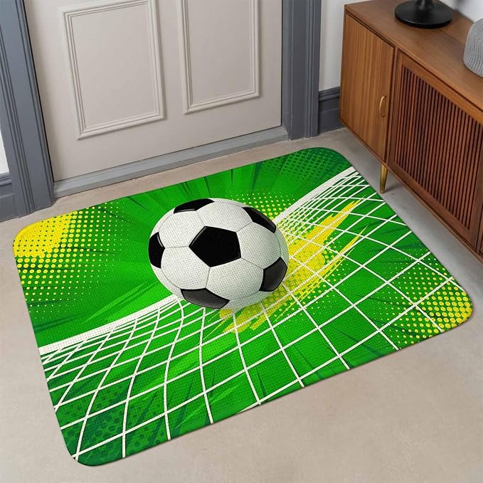 Green Football Bathroom Rugs Non Slip Washable Bath Mat Absorbent Low Pile Front Door Mat Soccer Ball Goal Net Vibrant Indoor Doormat for Kitchen Entryway Shower Decor Accessories 19.7"x31.5"