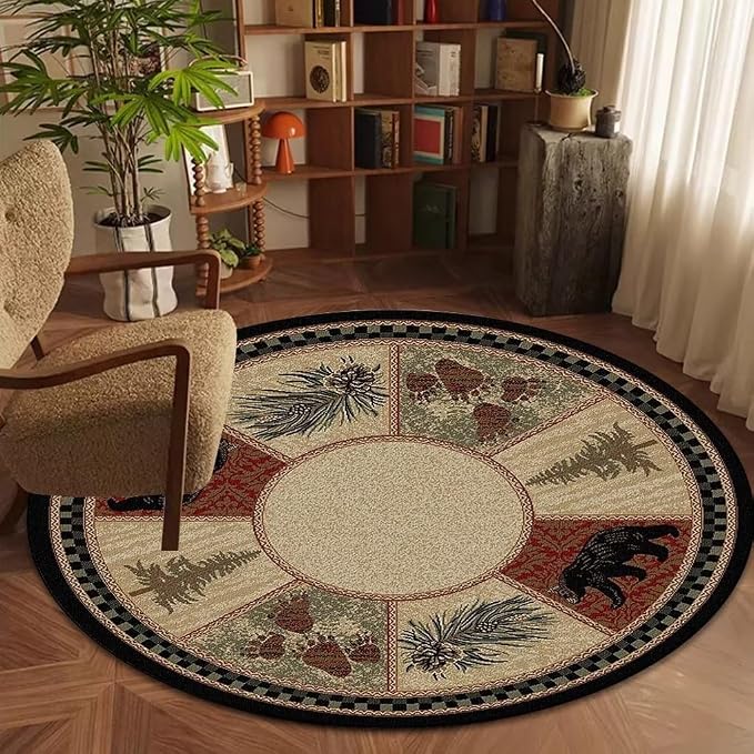 Vintage Lodge Cabin Bear Rugs for Hallway Rustic Lattice Border Round Area Rug Indoor Door Mat Wildlife Floor Carpet Decor 2ft