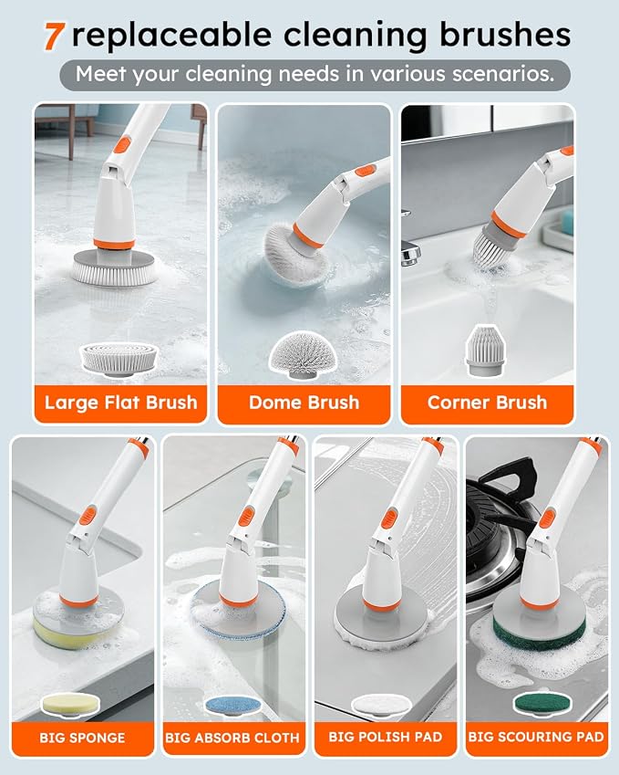 Cordless Electric Spin Scrubber with Smart Display, 1500RPM Powerful Cleaning, 4000mAh Rechargeable Battery, 7 Replaceable Brushes – Ideal for Bathtub, Tile, Floor & Shower