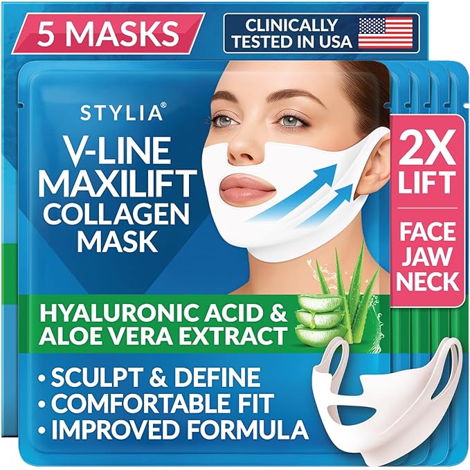 Stylia MaxiLift V-Line Lifting Collagen Face Mask - Double Chin Strap - Jawline Shaper - Neck Firming and Tightening Mask with Hyaluronic Acid & Aloe Vera - Chin Strap for Sleeping (5PC)