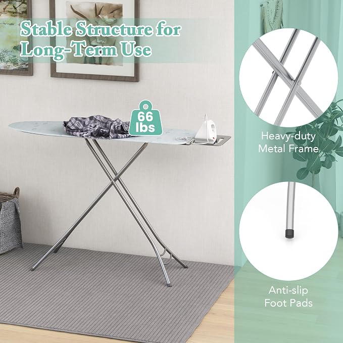 COSTWAY Ironing Board Full Size, Foldable Iron Table w/Rest, Height Adjustable, Removable Cover, Heavy-Duty Metal, Compact and Space Saver Iron Board for Living Room, Laundry (Turquoise Leaves)