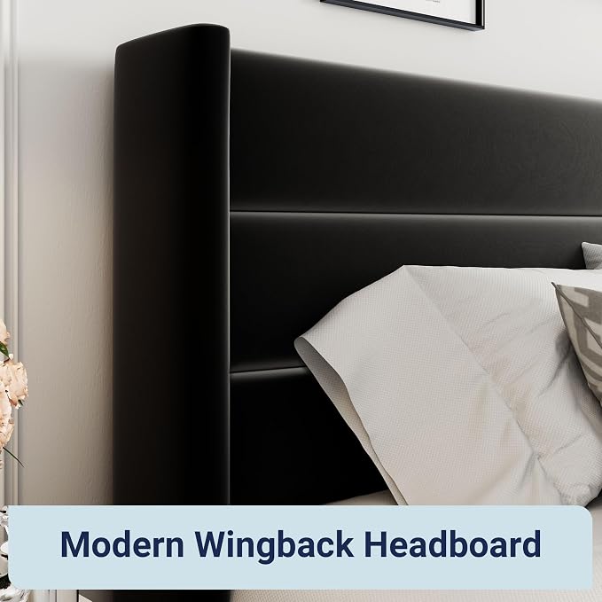 Allewie Queen Size Lift Up Hydraulic Storage Bed Frame Black | Modern Wingback Headboard, Hydraulic Support Storage, No Box Spring Needed