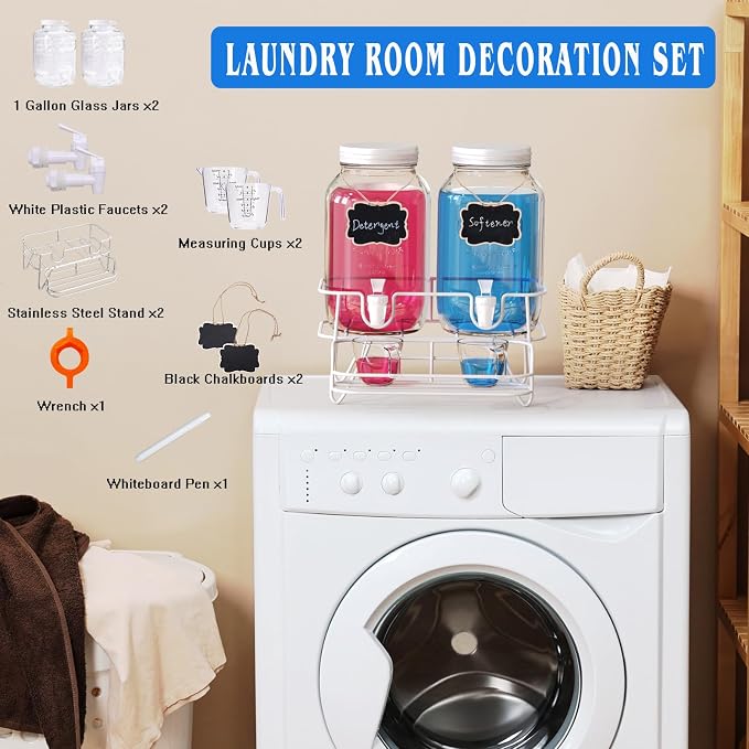 Roetell 2 Sets 1 Gallon Laundry Detergent Dispenser with Stand, Glass Laundry Soap Dispenser, Liquid Laundry Detergent Dispenser for Laundry Room Organization Dispenser Containr