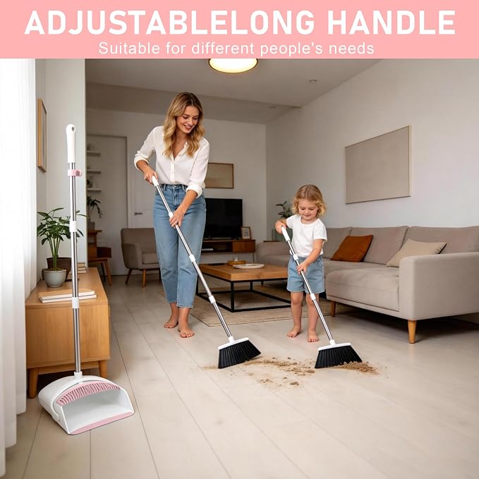 Broom with Dustpan Combo Set for Home, 52-in Long Adjustable Handle Angle Broom and Dustpan Set with Dustpan Comb Teeth for Sweeping Pet Hair Food Dirt Kitchen (White-Pink)