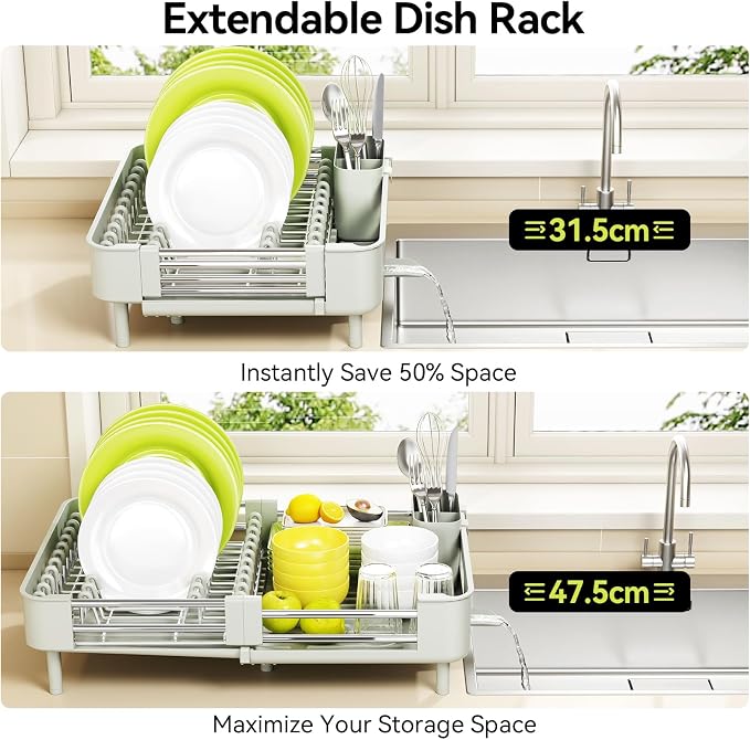 Urackify Extendable Dish Drying Rack, Dual Part Dish Drainers with Non-Scratch and Movable Cutlery Drainer and Drainage Spout, Adjustable Dish Rack for Kitchen, Gray & White