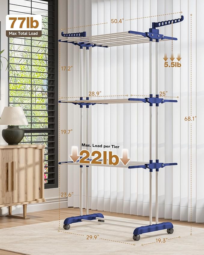 Bigzzia Clothes Drying Rack Folding with Wheels Drying Rack Clothing Clothes Horses Rack Stainless Steel Laundry Drying Rack with Two Side Wings 4 Tier Upgraded Grey Blue