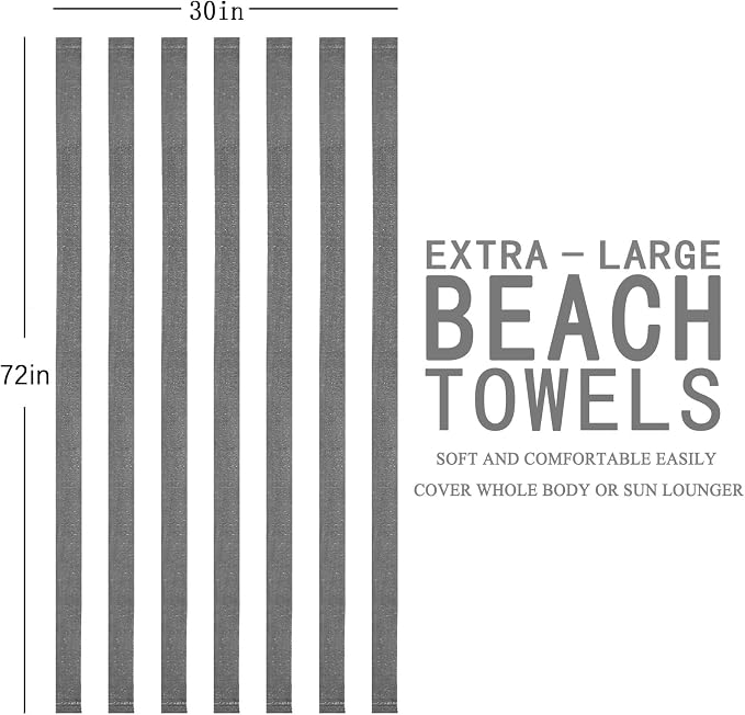 Genovega 6 Packs Oversized 72X40 Inch Stripe Beach Towel Thin Terry Set Extra Large XL Big Clearance Towels Soft Swim Pool Travel Accessories Essentials Camping Adults Men Women Gift Grey