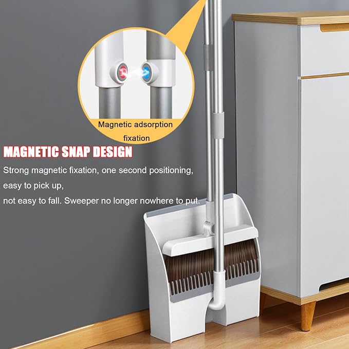 Broom and Dustpan Combo Set for Home, Soft Bristles Angle Broom, Dust Pan with Comb Teeth, Long Handle Upright Standing Sweep Set for Room Kitchen Office,Magnetic~Lock
