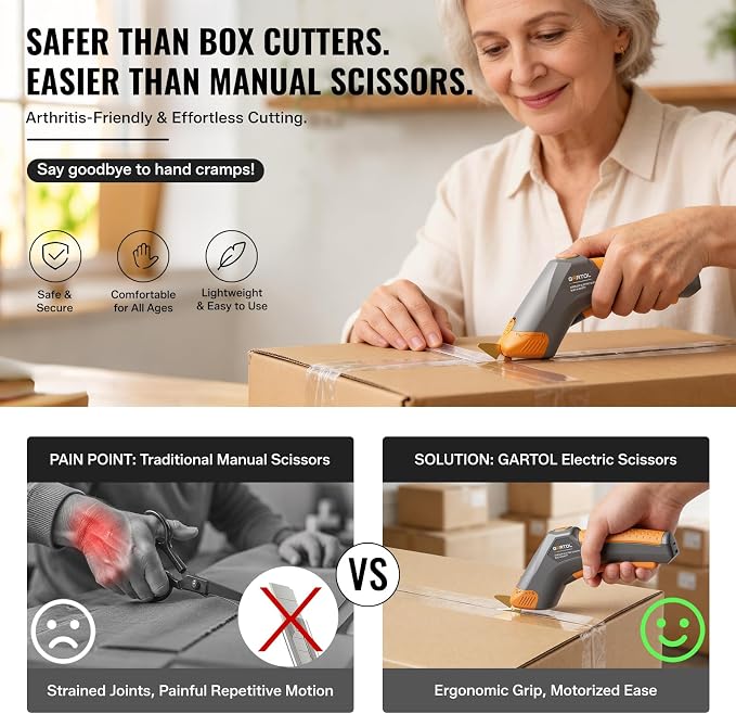 GARTOL Cordless Electric Scissors for Arthritis Hands, 4V Rechargeable Cardboard Cutter with 2 Blades & Storage Bag, Type-C Electric Box Cutter for Fabric, Crafts, Leather, Carpet, 2000mAh