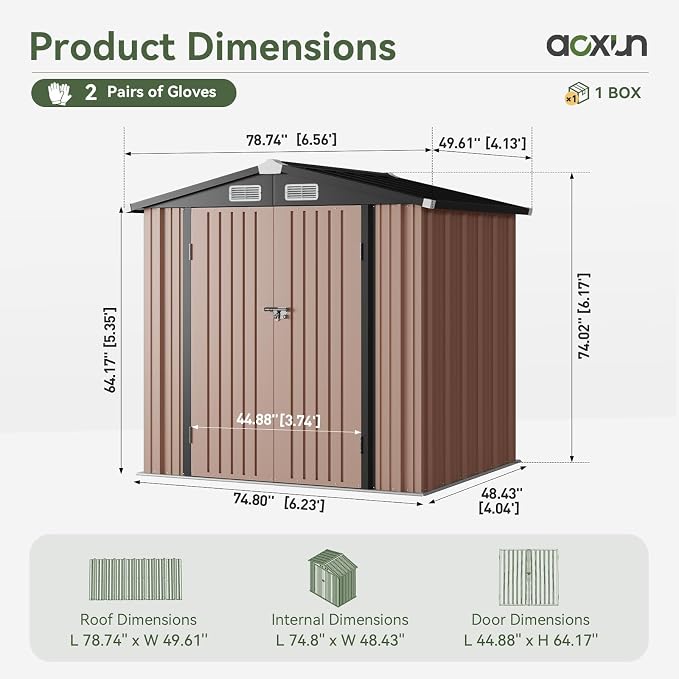 Aoxun 6.2x4 FT Shed Outdoor Storage Shed, Brown | Metal Shed with Lockable Doors & Slooping Roof Garden Tool Shed for Backyard, Patio, Poolside