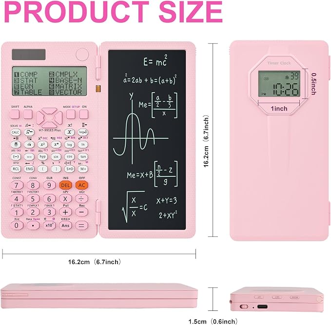 Scientific Calculators, Rudnia Pink Calculator with Alarm Clock, 417 Functions Desktop Calculator Rechargeable, Calculator for School & College Students (Pink)