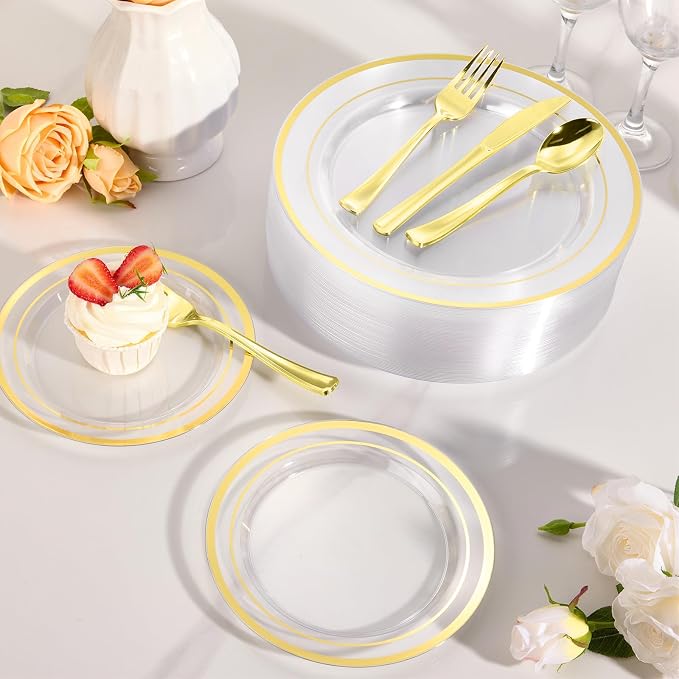 Goodluck 600 Pieces Clear Gold Plates for 100 Guests, Plastic Plates for Party, Dinnerware Set of 100 Dinner and 100 Dessert Plates, 100 Spoons, 100 Forks, 100 Knives, 100 Cups