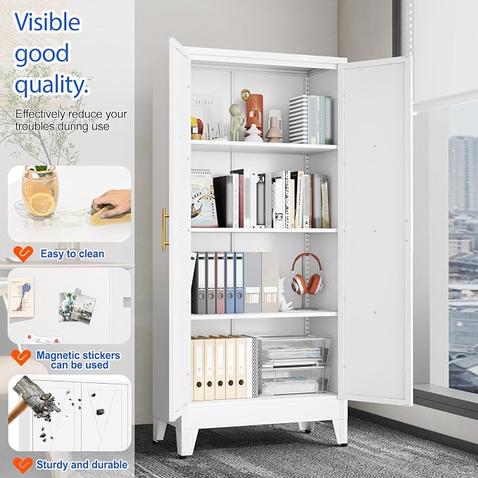 GAIOUS 61" Tall Kitchen Pantry Cabinet,Metal Storage Cabinet White Cupboard | Steel Office Cabinet, Freestanding Bookcase with 2 Doors and 3 Adjustable Shelves, Bathroom Kitchen Bedroom Garage Cabinet