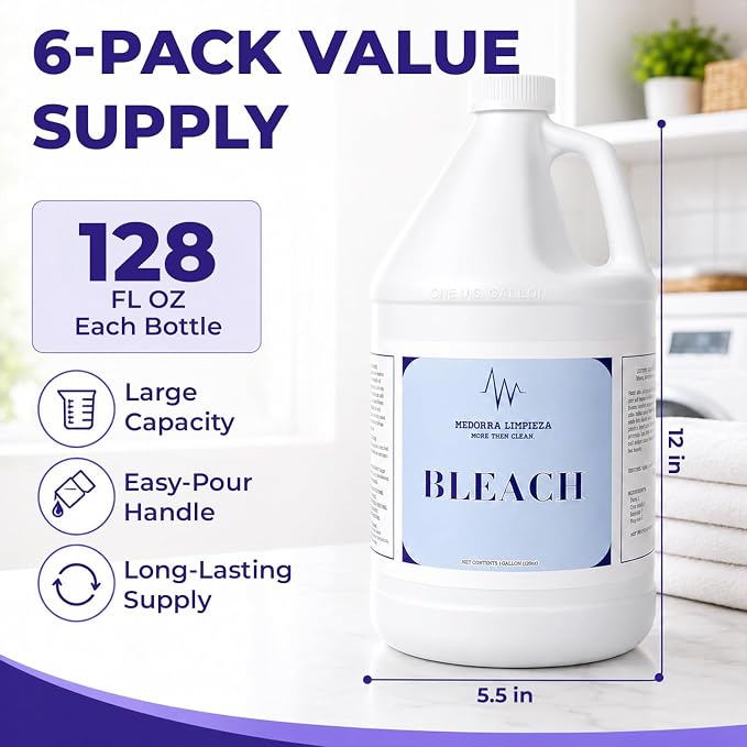 Liquid Bleach, 1 Gallon, 6-Pack, Original Unscented Chlorine Bleach, 128 fl oz Each, Multi-Purpose Cleaner for Laundry, Whites, Stain Removal, Bathroom, Kitchen & Hard Surfaces