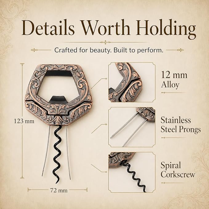 Wine Couple 3 in 1 Wine Bottle Opener, Ah So Two Prong Corkscrew (Bronze) | For old fragile corks, beer caps and vintage bottles. Black gift box for wine lovers, collectors and gifting