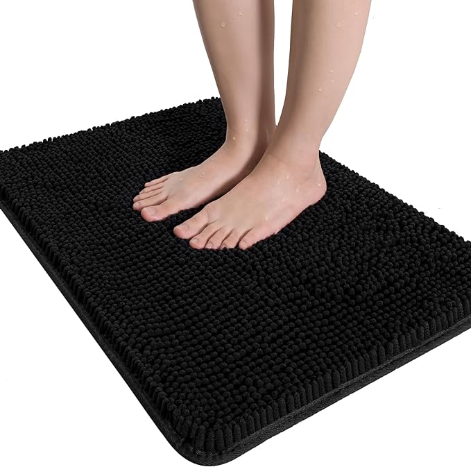 LOCHAS Luxury Bathroom Rug Shaggy Bath Mat 20 x 30 Inch, Black | Washable Non Slip Bath Rugs for Bathroom Shower, Soft Plush Chenille Absorbent Carpets