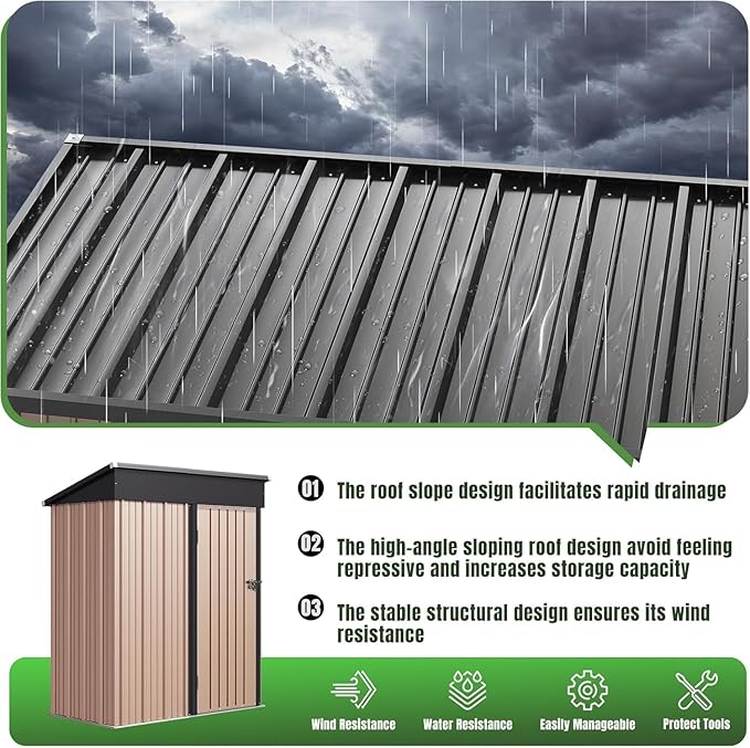 Aoxun 5x3 FT Shed Outdoor Storage Shed with Base, Brown | Metal Shed with Lockable Doors & Slooping Roof Garden Tool Shed for Backyard, Patio, Poolside