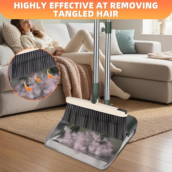 Broom with Dustpan Combo Set, Heavy Duty Standing Metal Dust Pan with Teeth, Indoor Outdoor Up for Home Kitchen Lobby Room Office, Green