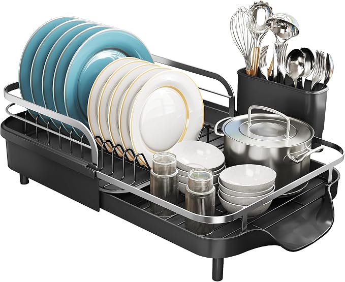 SNTD Dish Drying Rack, Expandable Dish Rack for Kitchen Counter, Stainless Steel Dish Drainer with Drainboard Set and Utensil Holder (Black)