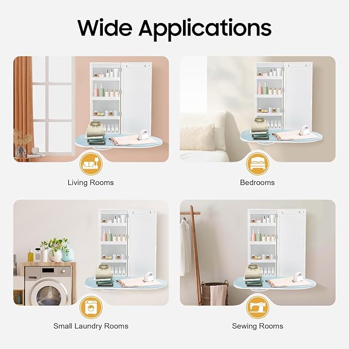Wall Mounted Ironing Board with Storage Cabinet, Built-in 180° Swivel Foldable Ironing Board and Mirror Door, White Ironing Station Organizer for Home, Apartment, Laundry Room, Small Spaces