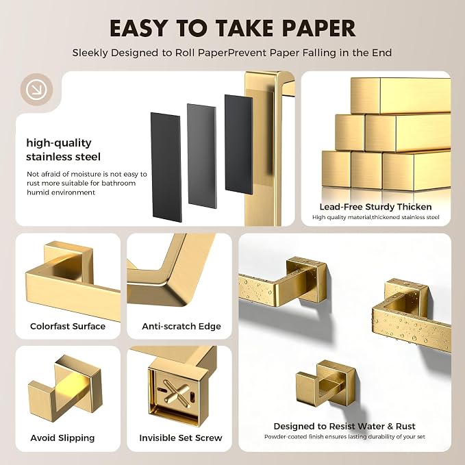 Bathroom Accessory Towel Bar Set: 15 Pieces Gold Square Bathroom Hardware SUS304 Stainless Steel - 24 Inch Wall Mounted Towel Rack&Toilet Paper Holder&Towel Ring and Towel Hook
