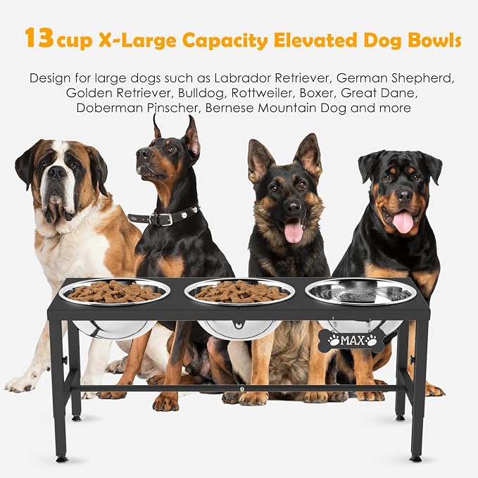 Extra Large Elevated Dog Bowls, 4 Adjustable Height with Three 101oz/3000ml Large Stainless Steel Bowls and Splash pad, Raised Dog Bowl Stand for Large and Extra Large Breeds