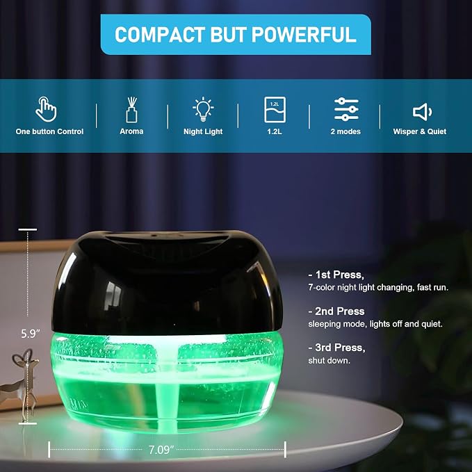 Water Based Air Purifier with Essential Oil Diffuser Pack, Air Washer with 7 Color LED Night Light, Air Revitalizer Includes 6x10ml Essential Oil Aroma Diffuser for Home, Office, Pet