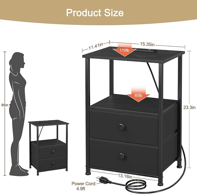 Nightstands Set of 2, LED Night Stand with Charging Station | Bedside Table with Type-C Outlets & 2 Fabric Drawers, End Tables with Storage Shelf for Bedroom, Small Spaces, Black