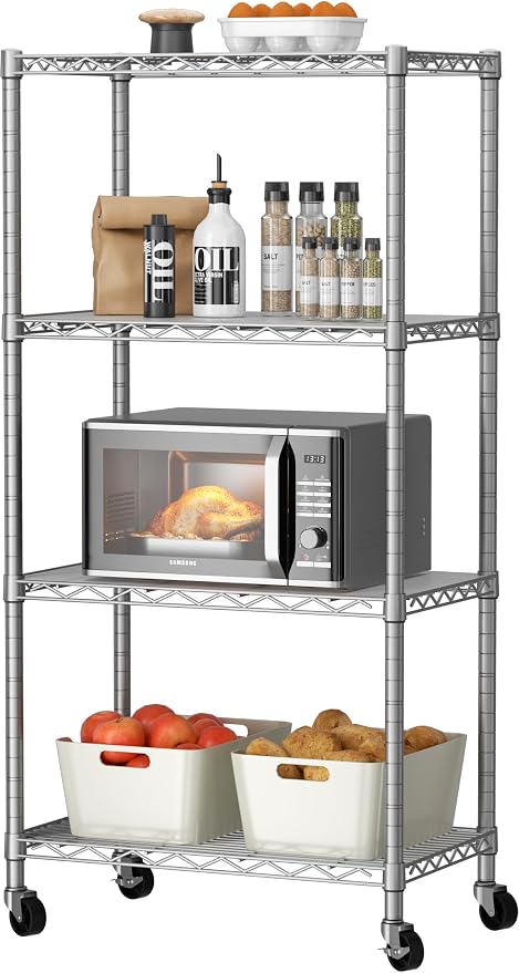 Golpart 4 Tier Shelves Storage Shelf Wire Closet Bathroom Organizers Metal Pantry Kitchen Garage Shelving Unit Laundry Room Organization Home Rack Net Basket White with Wheels 14”D X 24”W X 48.9”H