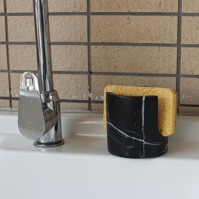 Nawgnail Natural Marble Travertine Sponge Holder for Kitchen Counter, Drying Rack, Sponge Caddy for Sink Organizer - Nero Portoro Marble