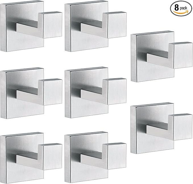 Towel Hooks For Bathrooms, Brushed Nickel Towel Hook For Kitchen Bathroom, SUS304 Stainless Steel Coat Hook, Square Heavy Duty Holder Robe Hooks For Hanging Towels,Coats,Sponges,Wall Mount, 8 Pack