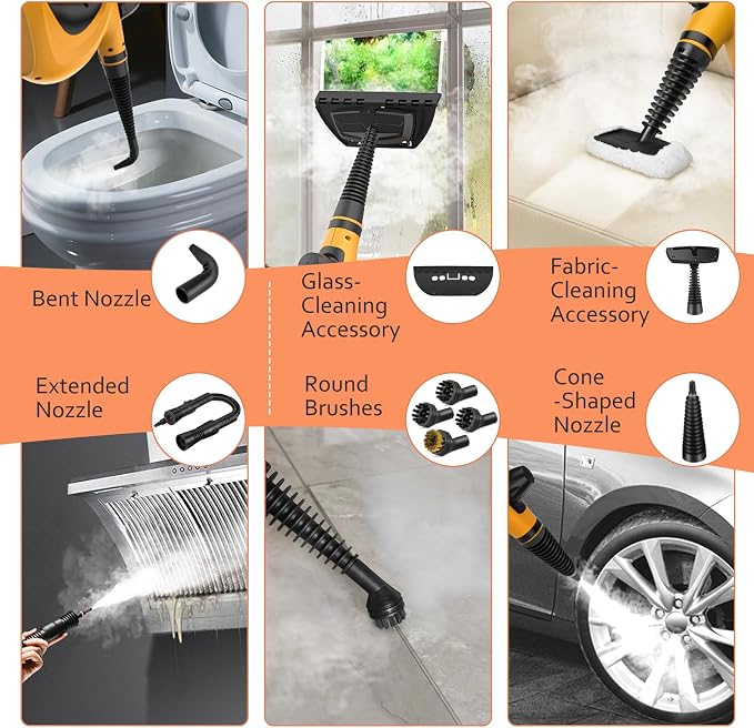 Phueut Pressurized Handheld Multi-Surface Natural Steam Cleaner with 12 pcs Accessories, Multi-Purpose Steamer for Home Use, Steamer for Cleaning Floor, Upholstery, Grout and Car (Orange)