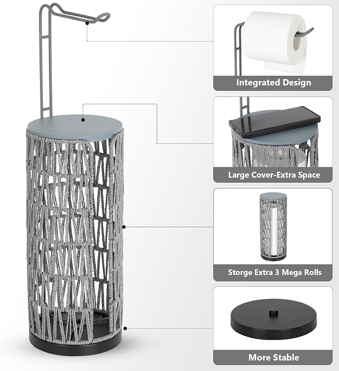 Trongee Boho Toilet Paper Holder with Storage，3 Rolls of Freestanding Toilet Paper Roll Holder Stand,Wicker Tissue Holder for Bathroom,Rattan Sturdy Bathroom Decor Farmhouse Toilet Paper Storage-Grey