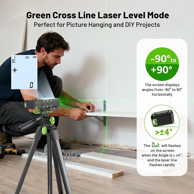Huepar 3-in-1 Laser Measuring Tool, 400Ft Laser Measure & 33Ft Green Cross Line Laser Level & 6.5Ft Tape Measure, Rechargeable, Voice Broadcast, Multi-Mode, Rugged for Construction &Home Use, SW-T120