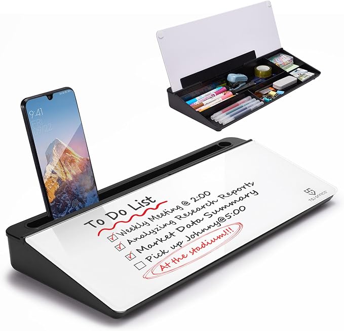 TSJ OFFICE Desktop Whiteboard Dry-Erase-Board - Computer Keyboard Stand White Board Surface Pad with Drawer, Desk Organizers with Accessories for Office, Home, School Supplies - Black